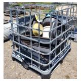 Large metal Crate with various animal feeders