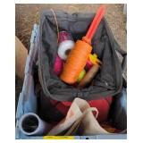 Tote w/ spools of line and pipe fittings