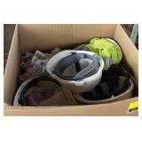 Box of PPE w/ various safety vests and hard hats