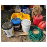 Pallet of 5 gal buckets, paint rollers, gas