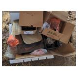 Lot of metal shelf, plastic caps, and more