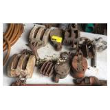 Lot of 8 old pulley blocks and gas nozzle