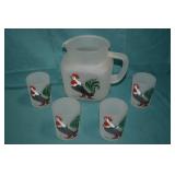 5pc Hazel Atlas Frosted Glass Rooster Pitcher Set