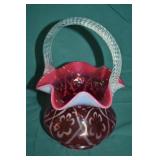 2001 Fenton Heart Optic 8" Cranberry Basket Signed