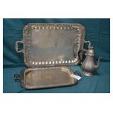2 Lg Silver Plate Trays & Pewter Coffee Pot