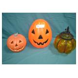 Amber Glass Pumkin & 2 Blow Mold Pumpkins