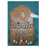 16pcs Vintage Collectors Spoons on Wall Rack