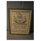 Vintage Framed Ship Needlepoint Sampler