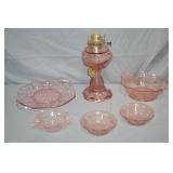 6pcs Various Depression Era Pink Glass & lamp