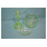3pcs Vintage Uranium Glass Candle, Jar, Dish
