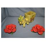 3pcs Lefton China Roses & Donkey Cart Planter
