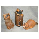 3pcs Set Wood Carve Beaver, Bear, Racoon Statues