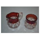 US Glass Kings Crown Ruby Flash Creamer & Sugar