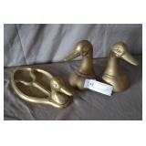 Pair 6" Tall Solid Brass Duck Bookends & Tray