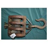 Antique 3 Wheel Wooden Block Farm Pulley