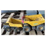 (2) Toy Metal Dump Trucks, bldg:green