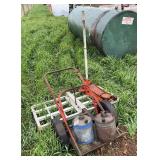 Barrel Cart, Jack, (2) Vintage Gas Cans, & Luggage Rack, row:11