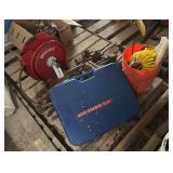 Lincoln Cordless Grease Gun, Banding Tensioners, Crimpers, & Shears, (2) Sliding Vises, & 5 Gallon Bucket of Tools, bldg:locked