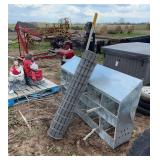 Metal chicken brooder box, wall mount hay feeder, hay fork, & roll of fence, row:8