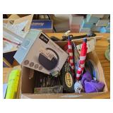 Box of misc- portable speaker, utensils, pet seat cover
