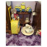 Wash basin/pitcher, shelf, and Minion toys