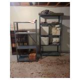 Wooden shelf, (2) metal shelves with contents
