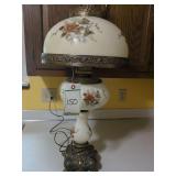 Vintage floral Hurricane Lamp with hand painted milk glass base