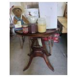 end table and contents; candles, box of misc. vases and decorative items