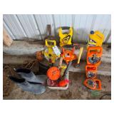 Assorted measuring tapes, chalk lines and more