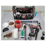 Workmans toolbox including level, clamps,