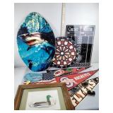 Picture frames, dartboard, dart scoreboard, skim
