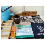 Glass chess set, wooden wall decor, metal vase,