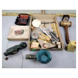 Wooden mallet, vintage medicine tin, pencils,