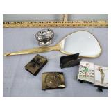 Vanity handheld makeup mirror, vintage lighter,