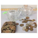 Foreign coins, coin purse, glass cream and sugar