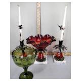 Glass compote & candlesticks w/crystal prisms