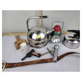 Tea kettles, lantern (missing parts), leather