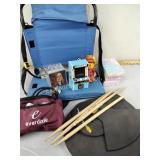 Drum mute pads, drumsticks, stadium seat, blood