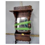 Wooden shelf with mirror and mail holder