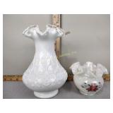 Silver crest milk glass vase, hand painted Fenton