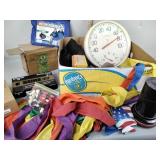 Thermometer, digital clock, chess pieces,