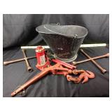 Coal bucket, come along, bottle jack