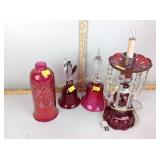 Vintage cranberry glass lamp with chimney