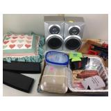 Flag holders, decor pillow, speakers, kitchen