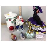 Canister, clown figurine, duck figurines, vase
