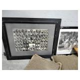 Wooden stool, framed art including Michigan