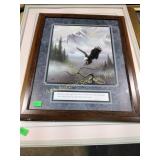 Framed art including eagle and floral scene
