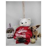 Plush animals, stone pig, metal car, Beam bottle