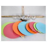 Plastic dinnerware, metal dog, glassware