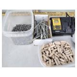 Wood pegs, DeWalt battery charger, screws